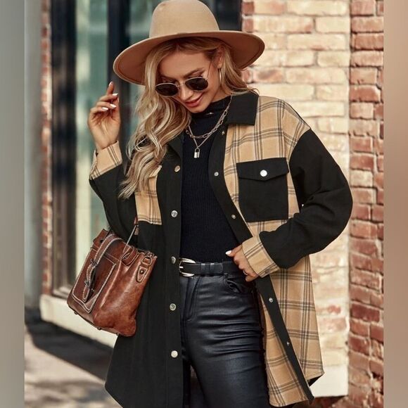 Plaid Panel Drop Shoulder Curved Hem Coat - Picture 1 of 16